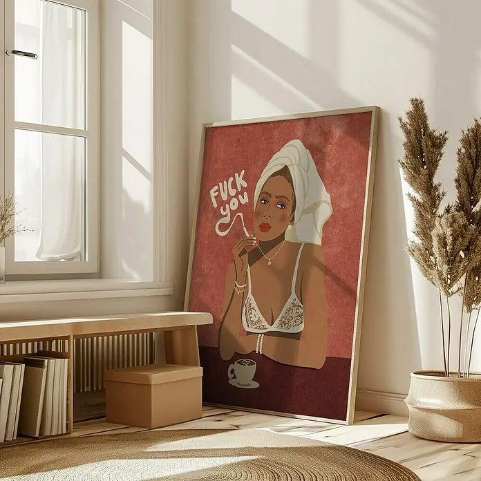 Papermoon Bild - Morning Coffee, B x H: 100 x 140 cm, Ohne Passepartout, Rahmen Eiche - Illustration im Rahmen, die eine Frau mit Handtuch und Zigarette vor rotem Hintergrund darstellt, neben Pflanzen und Möbeln.