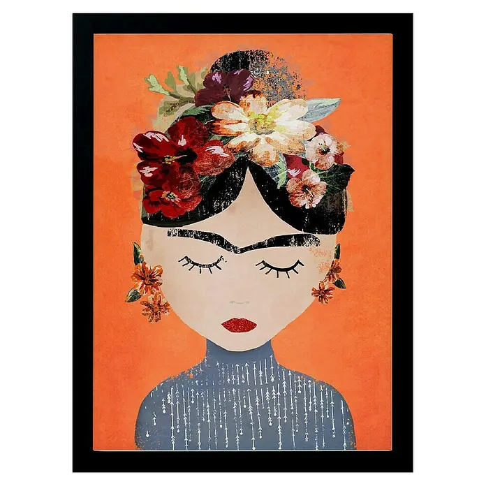 Papermoon Bild - Treechild Frida Orange, B x H: 100 x 140 cm, Ohne Passepartout, Rahmen Schwarz - Illustration eines Porträts von Frida Kahlo mit Blumen im Haar, in leuchtenden Farben und modernem Stil, ein dekoratives Wandkunstwerk.