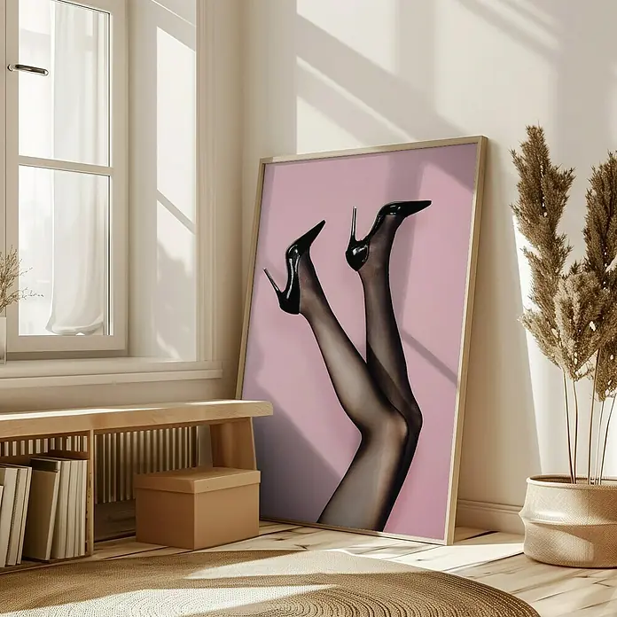 Papermoon Bild - Kick up your Heels, B x H: 70 x 100 cm, Mit Passepartout, Rahmen Eiche - Schwarze High Heels und Strümpfe auf einem gerahmten Poster mit rosa Hintergrund, neben einem Fenster mit hellem Holzrahmen.