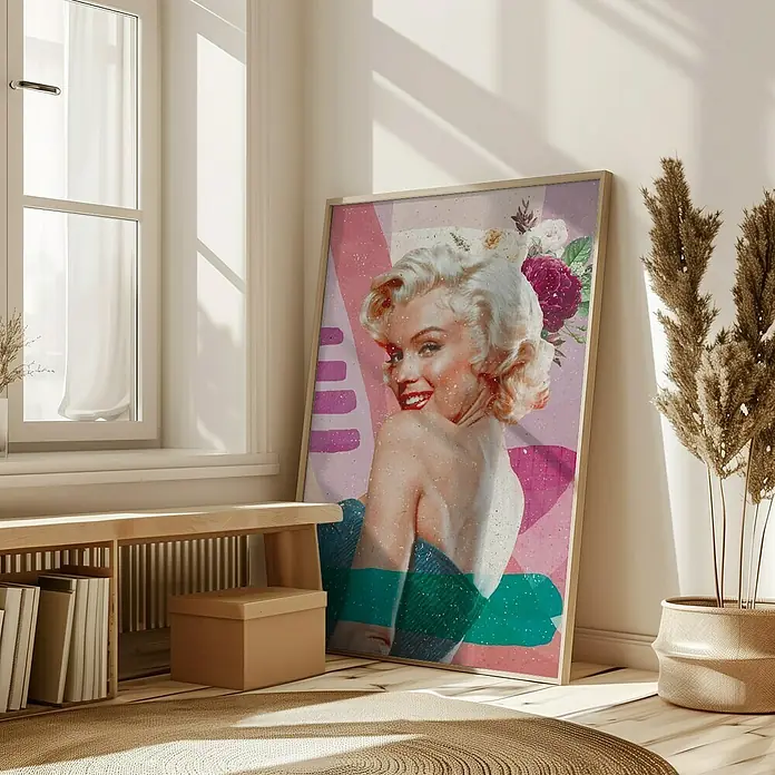 Papermoon Bild - Marilyn is Back, B x H: 40 x 50 cm, Mit Passepartout, Rahmen Eiche - Ein gerahmtes Marilyn Monroe-Kunstwerk lehnt an einer Wand und verleiht dem Raum einen Hauch von Vintage-Glamour und moderner Eleganz.