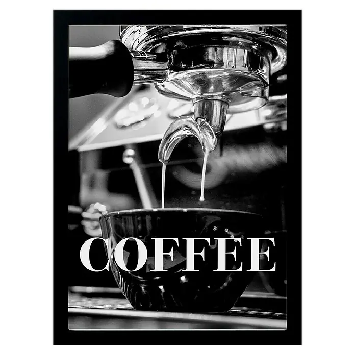 Papermoon Bild - Coffee Text, B x H: 60 x 80 cm, Ohne Passepartout, Rahmen Schwarz - Nahaufnahme einer Kaffeemaschine, die frischen Kaffee in eine Tasse brüht, mit dem Wort "COFFEE" im Vordergrund.