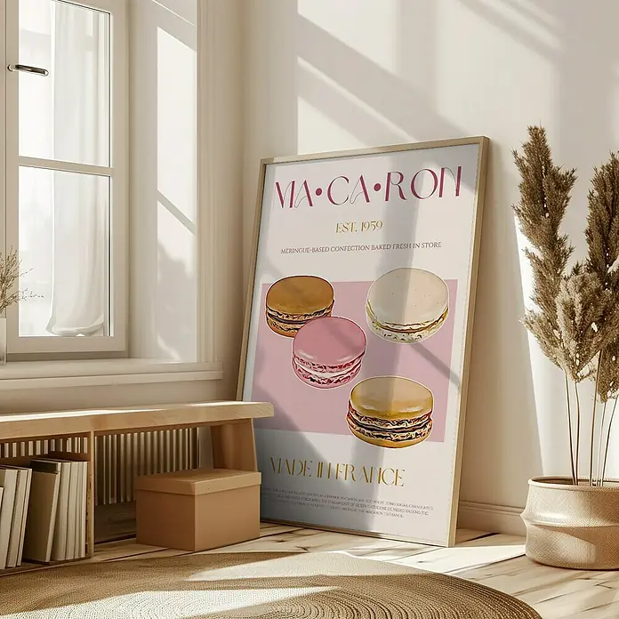 Papermoon Bild - French Macaron, B x H: 40 x 50 cm, Ohne Passepartout, Rahmen Eiche - Ein dekoratives Poster mit Macarons-Motiv, das eine süße und elegante Note in jeden Raum bringt.