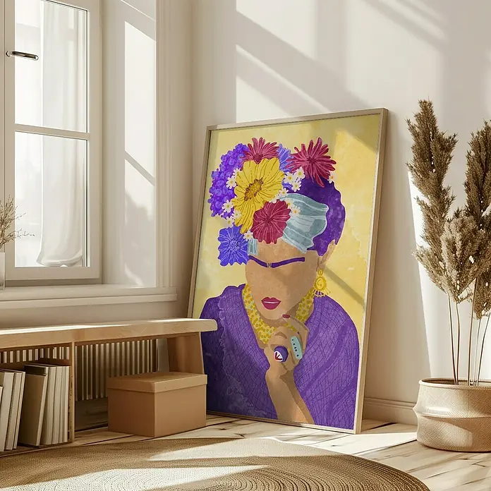 Papermoon Bild - Frida and Flowers, B x H: 40 x 50 cm, Ohne Passepartout, Rahmen Eiche - Das Frida Kahlo Wandbild mit dem leuchtenden Blumenschmuck, eine stilvolle Bereicherung für jeden Raum, fängt Blicke und verleiht Charakter.