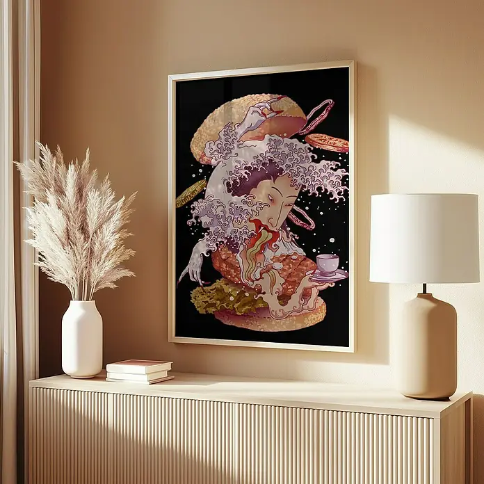 Papermoon Bild - Fusion Ghost, B x H: 40 x 50 cm, Mit Passepartout, Rahmen Eiche - Ein gerahmtes Kunstwerk mit einem Burger-Mädchen-Motiv hängt über einem Sideboard, neben einer Lampe und einer Vase mit Federn.