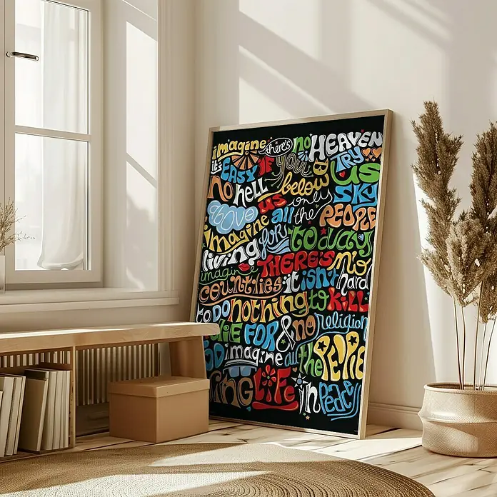 Papermoon Bild - Imagine, B x H: 40 x 50 cm, Ohne Passepartout, Rahmen Eiche - Das farbenfrohe 'Imagine'-Poster mit dem Zitat von John Lennon ist eine tolle Wanddekoration für ein friedliches Ambiente in jedem Raum.