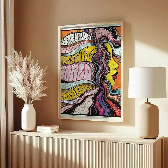 Papermoon Bild - Only Girl in World, B x H: 60 x 80 cm, Mit Passepartout, Rahmen Eiche - Gerahmtes psychedelisches Poster mit Frauengesicht und bunten Mustern, ein auffälliges Kunstwerk für moderne Wohnräume.