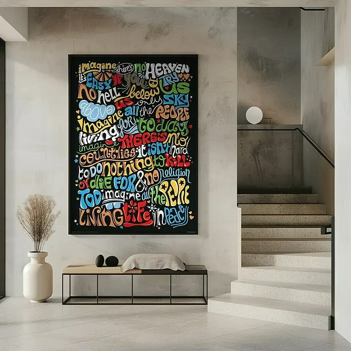 Papermoon Bild - Imagine, B x H: 50 x 70 cm, Mit Passepartout, Rahmen Schwarz - Ein farbenfrohes "Imagine"-Poster mit handgezeichneter Typografie, das in einem modernen Flur über einer minimalistischen Bank hängt.