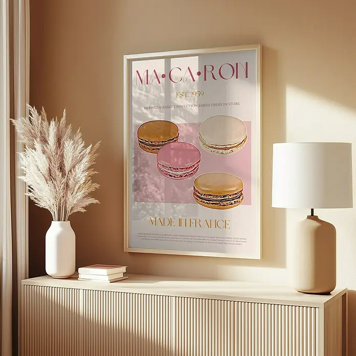 Papermoon Bild - French Macaron, B x H: 40 x 50 cm, Ohne Passepartout, Rahmen Eiche - Poster mit Macarons-Motiv, Aufschrift "Made in France", stilvoll für Küche oder Café.