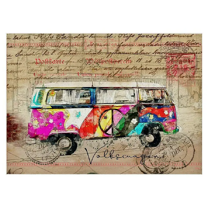 Papermoon Poster - VW Combi Art, B x H: 100 x 70 cm, Mit Passepartout - Buntes VW-Hippie-Auto mit Friedenszeichen vor einem Hintergrund mit alten Poststempeln und Schrift.