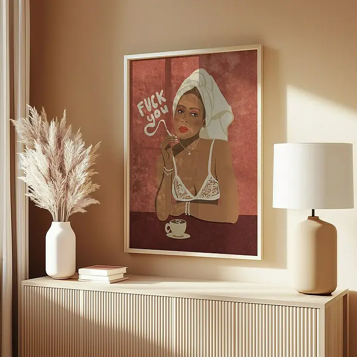 Papermoon Bild - Morning Coffee, B x H: 100 x 140 cm, Ohne Passepartout, Rahmen Eiche - Ein gerahmtes Kunstwerk mit einer Frau im Handtuch und Spitze, die eine Zigarette raucht, steht auf einer beigen Kommode mit Vasen und einer Lampe.