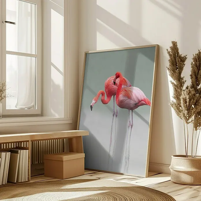 Papermoon Bild - Just we Two, B x H: 80 x 110 cm, Ohne Passepartout, Rahmen Eiche - Ein gerahmtes Kunstwerk mit zwei rosa Flamingos steht an einer Wand. Es schafft eine ruhige und elegante Atmosphäre.