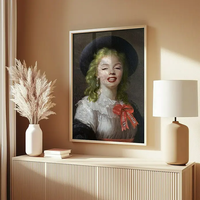 Papermoon Bild - Vintage Marilyn, B x H: 70 x 100 cm, Ohne Passepartout, Rahmen Eiche - Gerahmtes Marilyn Monroe-Porträt in einem stilvollen Raum, das eine elegante und künstlerische Note verleiht.