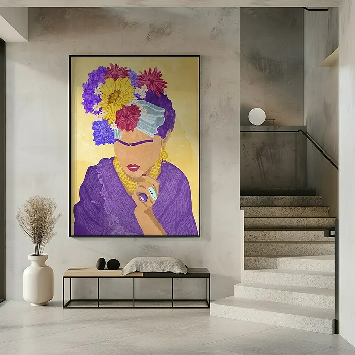 Papermoon Bild - Frida and Flowers, B x H: 70 x 100 cm, Ohne Passepartout, Rahmen Schwarz - Ein gerahmtes Porträtgemälde einer Frau mit Blumenkopfschmuck, das an einer Wand über einer Bank mit dekorativen Elementen hängt.
