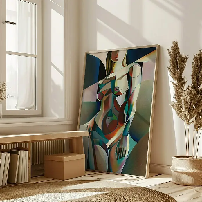 Papermoon Bild - Neo Deco, B x H: 40 x 50 cm, Ohne Passepartout, Rahmen Eiche - Das moderne Kunstwerk zeigt eine stilisierte, abstrakte weibliche Figur in warmen Farben, gerahmt und lehnend an einer Wand in einem hellen Raum.