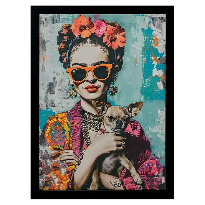 Papermoon Bild - Frida Chihuahua, B x H: 40 x 50 cm, Ohne Passepartout, Rahmen Schwarz - Gemälde von Frida Kahlo mit Sonnenbrille und Chihuahua im bunten Rahmen, ein modernes Kunstwerk für lebendige Akzente.