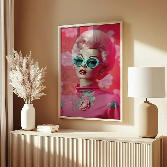 Papermoon Bild - Oh Barbie No. 1, B x H: 50 x 70 cm, Ohne Passepartout, Rahmen Eiche - Ein gerahmtes Kunstwerk mit einer stilvollen Dame in Pink und türkisblauen Akzenten, das auf einer hellen Kommode präsentiert wird.