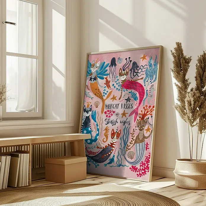 Papermoon Bild - Mercats and Caticorns, B x H: 50 x 70 cm, Mit Passepartout, Rahmen Eiche - Das Kunstwerk "Mercat Kisses und Seesternwünsche" mit Meerkatzenmotiven in einem hellen, sonnigen Raum, der dem Zuhause eine verspielte Note verleiht.