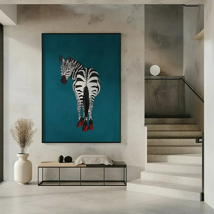 Papermoon Bild - Zebra Heels, B x H: 50 x 70 cm, Mit Passepartout, Rahmen Schwarz - Einzigartiges Zebra-Kunstwerk mit roten High Heels, das jedem Raum einen Hauch von Eleganz und Humor verleiht. Perfekt als Wanddekoration.
