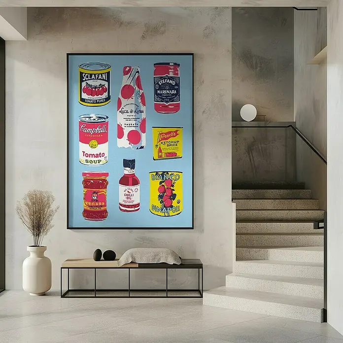 Papermoon Bild - Canned Tomatoes, B x H: 60 x 80 cm, Ohne Passepartout, Rahmen Schwarz - Ein gerahmtes Kunstwerk mit einer Sammlung von farbenfrohen Lebensmittelkonserven, darunter Tomatensaucen und Suppen.