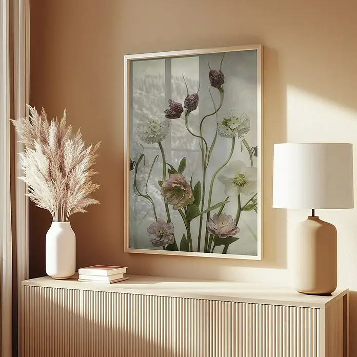 Papermoon Bild - Spring Garden, B x H: 80 x 110 cm, Ohne Passepartout, Rahmen Eiche - Ein dekoratives Blumengemälde mit zarten Blüten, ergänzt durch eine elegante Lampe und eine Vase mit Pampasgras auf einem stilvollen Sideboard.