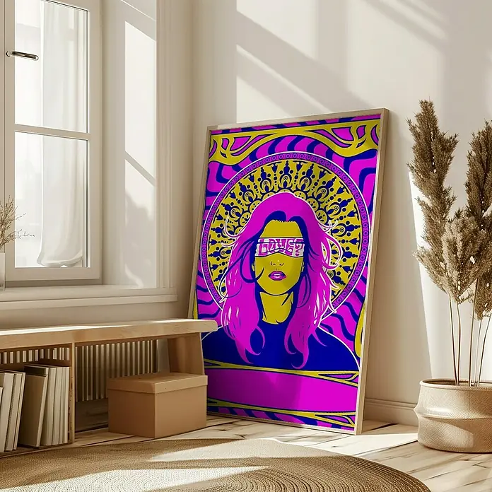 Papermoon Bild - Woman Series 1, B x H: 100 x 140 cm, Ohne Passepartout, Rahmen Eiche - Ein farbenfrohes Kunstposter mit psychedelischem Design, das eine Frau mit dem Wort "Liebe?" auf ihrer Augenbinde zeigt, lehnt an einer Wand.