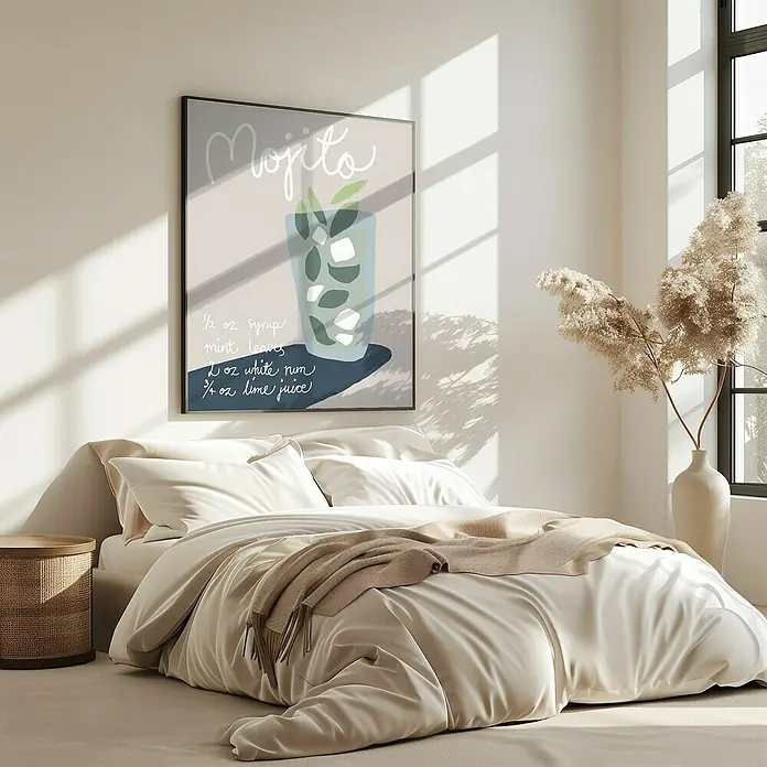 Papermoon Bild - Mojito Rezept, B x H: 80 x 110 cm, Mit Passepartout, Rahmen Eiche - Ein stilvolles Schlafzimmer mit einem Poster eines Mojito-Cocktails über dem Bett, das eine entspannende und moderne Atmosphäre schafft.