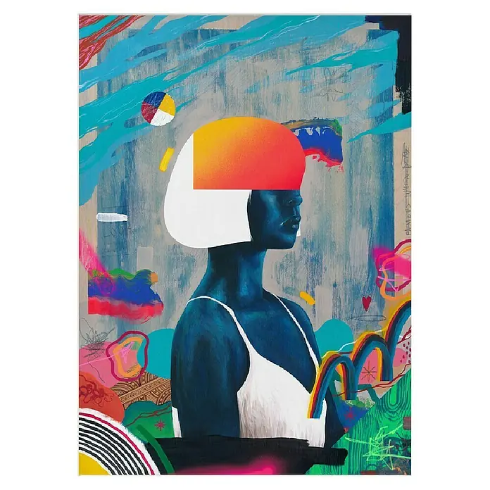 Papermoon Poster - Blue Girl, B x H: 100 x 140 cm, Mit Passepartout - Lebhaftes Kunstwerk mit einer blauhäutigen Frau in einem weißen Top vor einem farbenfrohen, abstrakten Hintergrund.