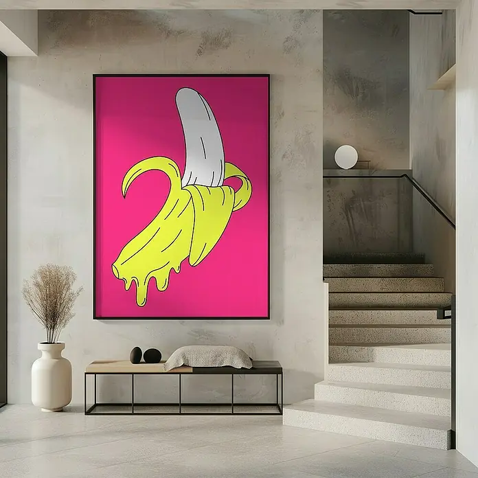 Papermoon Bild - Melting Pink Banana, B x H: 50 x 70 cm, Mit Passepartout, Rahmen Schwarz - Auffälliges Wandbild mit einer Comic-Banane auf pinkfarbenem Hintergrund, ideal für moderne Wohnräume.