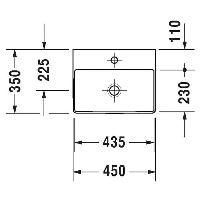 Duravit DuraSquare Waschbecken - 45 x 35 cm, Ohne Spezialglasur, Hahnloch: Ohne, Ohne Überlauf, Weiß, Ungeschliffen - Abbildung eines Waschtischs mit den Maßen 350x450x110mm, die eine detaillierte Darstellung der Größenverhältnisse bietet.