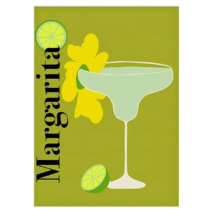 Papermoon Poster - Margarita, B x H: 40 x 50 cm, Mit Passepartout - Illustration eines Margaritas mit Limetten und gelber Blüte, präsentiert auf einem olivgrünen Hintergrund. Ideal für Cocktail-Liebhaber.