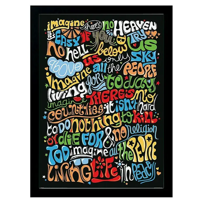 Papermoon Bild - Imagine, B x H: 100 x 140 cm, Ohne Passepartout, Rahmen Schwarz - Ein farbenfrohes Kunstwerk mit dem Zitat "Imagine", das in einer Vielzahl von Schriftarten auf einem gerahmten Schild dargestellt wird.