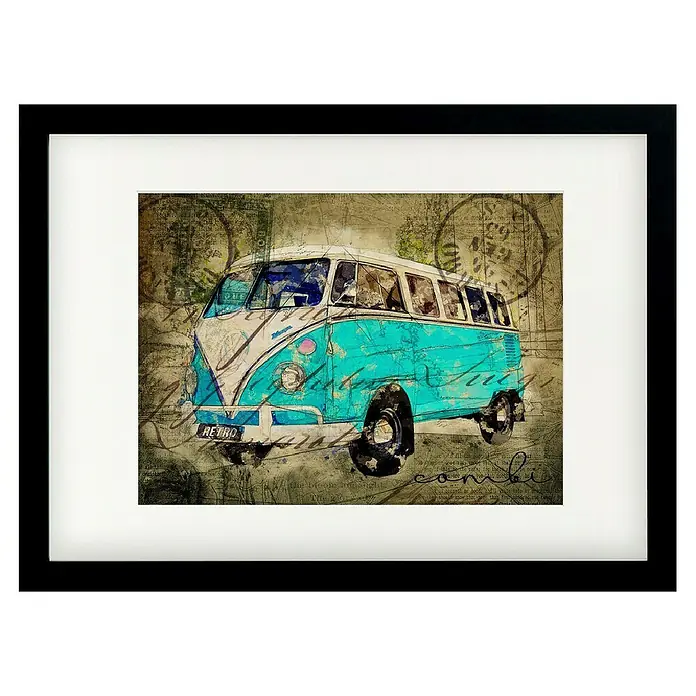 Papermoon Bild - VW Combi Tosca, B x H: 50 x 40 cm, Mit Passepartout, Rahmen Schwarz - Gerahmtes Bild eines türkisfarbenen Retro-VW-Busses mit künstlerischen Details im Hintergrund, das einen nostalgischen Charme versprüht.
