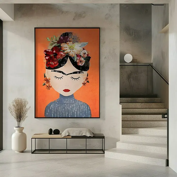 Papermoon Bild - Treechild Frida Orange, B x H: 50 x 70 cm, Mit Passepartout, Rahmen Schwarz - Wandbild mit einem Porträt einer Frau mit Blumen im Haar, platziert über einer Bank und einer Vase, die eine stilvolle und künstlerische Atmosphäre schafft.