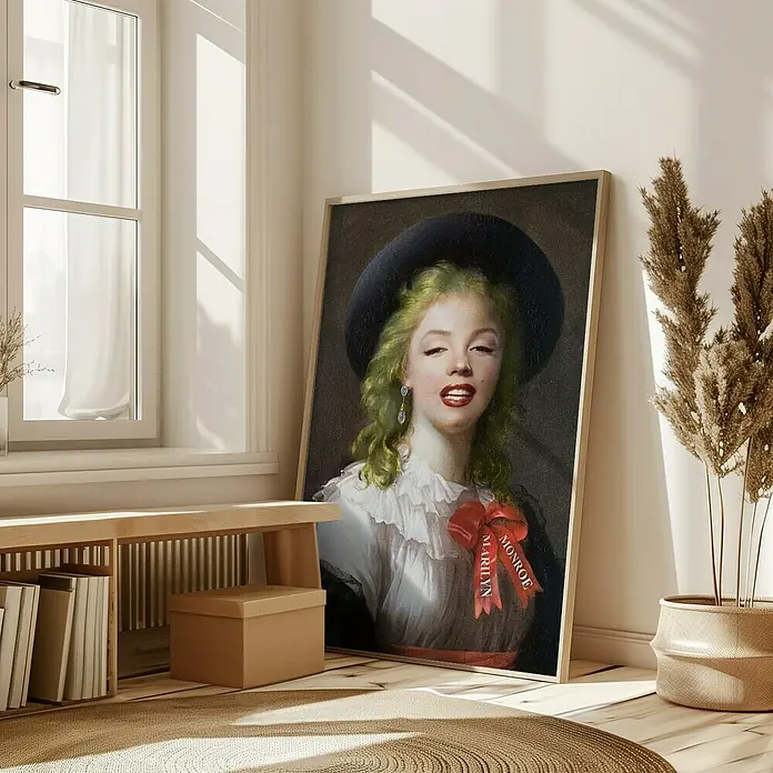 Papermoon Bild - Vintage Marilyn, B x H: 70 x 100 cm, Ohne Passepartout, Rahmen Eiche - Gerahmtes Marilyn Monroe Porträt im Vintage-Stil mit grünen Haaren und roter Schleife. Einzigartige Wanddekoration für ein stilvolles Zuhause.