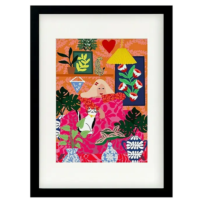 Papermoon Bild - Cat Lady, B x H: 40 x 50 cm, Mit Passepartout, Rahmen Schwarz - Gerahmtes Bild mit einer Frau, einer Katze und vielen Pflanzen, ein farbenfrohes und lebendiges Kunstwerk für jeden Raum.