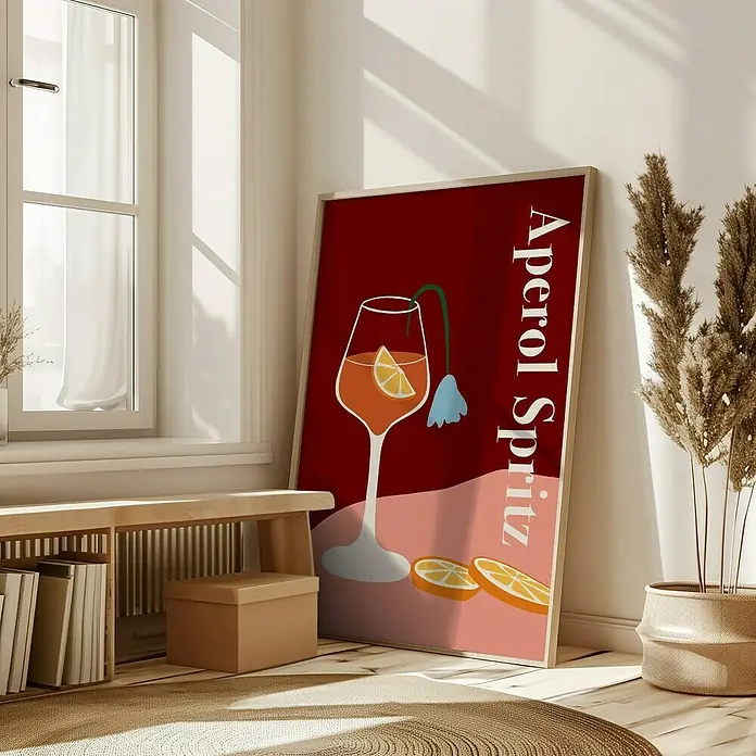 Papermoon Bild - Aperol Spritz, B x H: 60 x 80 cm, Mit Passepartout, Rahmen Eiche - Poster mit Aperol Spritz Design. Ideal für die Bar oder das Esszimmer, das Poster zeigt ein erfrischendes Getränk mit Zitrusfrüchten und einer blauen Blüte.