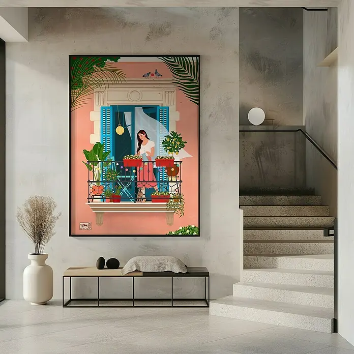 Papermoon Bild - Barcelona, B x H: 80 x 110 cm, Mit Passepartout, Rahmen Schwarz - Ein gerahmtes Kunstwerk mit einem farbenfrohen Balkon, das eine warme und einladende Atmosphäre in den Raum bringt.