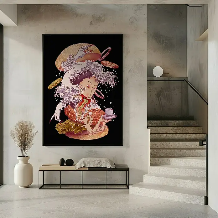 Papermoon Bild - Fusion Ghost, B x H: 40 x 50 cm, Mit Passepartout, Rahmen Schwarz - Das gerahmte Kunstwerk zeigt eine farbenfrohe Illustration einer Frau mit Hamburger-Motiven, die in einem modernen Raum hängt und Kunst und Design vereint.