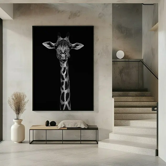 Papermoon Bild - Giraffe Portrait, B x H: 40 x 50 cm, Ohne Passepartout, Rahmen Schwarz - Ein auffälliges Schwarz-Weiß-Wandbild zeigt eine Giraffe vor einem dunklen Hintergrund und verleiht jedem Raum einen Hauch von Wildnis und Eleganz.