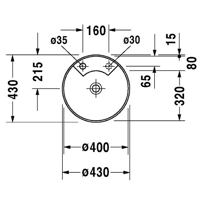 Duravit Architec WaschschaleDurchmesser: 43 cm, Ohne Spezialglasur, Hahnloch: Links, Ohne Überlauf, Weiß Sketch