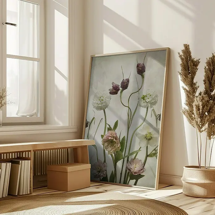 Papermoon Bild - Spring Garden, B x H: 80 x 110 cm, Ohne Passepartout, Rahmen Eiche - Ein Blumenbild lehnt an einer weißen Wand in einem hellen Raum, neben einem Fenster und einer Topfpflanze, die eine ruhige und natürliche Atmosphäre schafft.