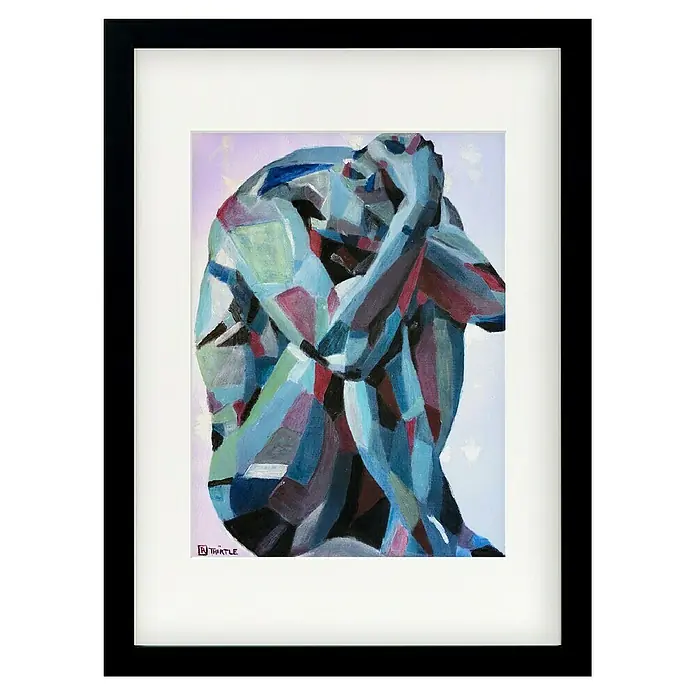 Papermoon Bild - Self Reflection, B x H: 40 x 50 cm, Mit Passepartout, Rahmen Schwarz - Gerahmtes Gemälde, das eine Hockende, kubistisch stilisierte Figur in Blau-, Rot- und Grautönen auf hellviolettem Grund zeigt.