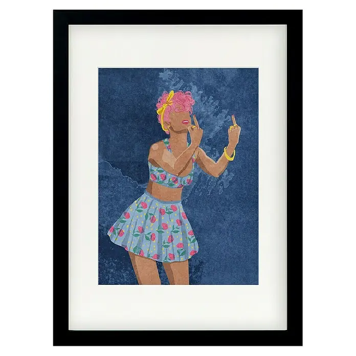 Papermoon Bild - Not your Girl, B x H: 40 x 50 cm, Mit Passepartout, Rahmen Schwarz - Gerahmtes Bild einer Frau mit rosa Haaren, gelbem Stirnband und blumigem Zweiteiler, die den Mittelfinger zeigt vor blauem Hintergrund.