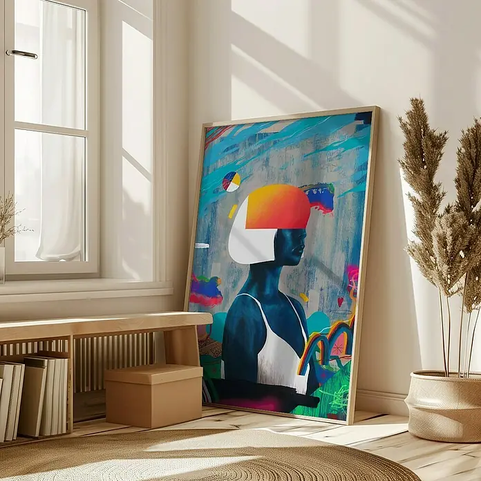 Papermoon Bild - Blue Girl, B x H: 40 x 50 cm, Ohne Passepartout, Rahmen Eiche - Dekoratives Kunstwerk mit abstraktem Frauenporträt in leuchtenden Farben, gerahmt und stilvoll in einem hellen Raum platziert.