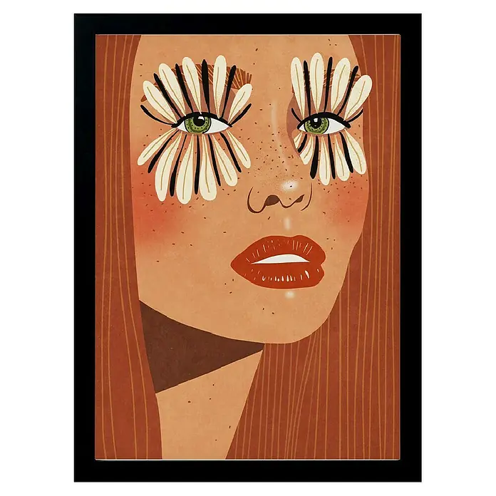 Papermoon Bild - Flower Eyes, B x H: 40 x 50 cm, Ohne Passepartout, Rahmen Schwarz - Illustration einer Frau mit Blumenwimpern, roten Lippen und Sommersprossen, umrahmt von braunem Haar.