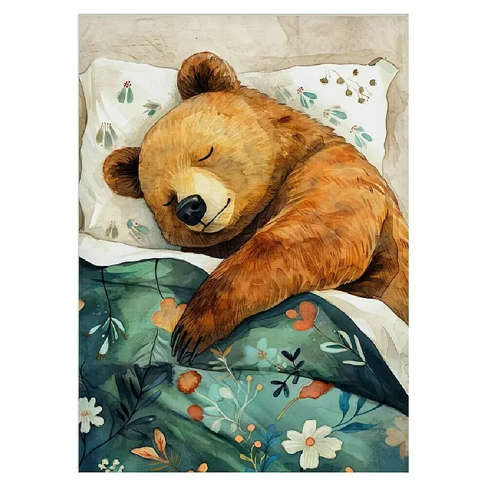 Papermoon Poster - Sleepy Bear Story, B x H: 80 x 110 cm, Mit Passepartout - Aquarell-Illustration eines schlafenden Bären im Bett mit blumiger Bettwäsche, die eine ruhige und gemütliche Atmosphäre für Kinderzimmer schafft.
