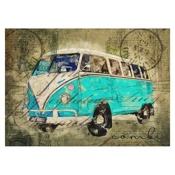 Papermoon Poster - VW Combi Tosca, B x H: 100 x 70 cm, Ohne Passepartout - Ein Vintage-Bild eines türkisfarbenen VW-Busses mit dem Aufdruck "Retro" vor einem Hintergrund mit Schrift, der den Charme vergangener Zeiten weckt.