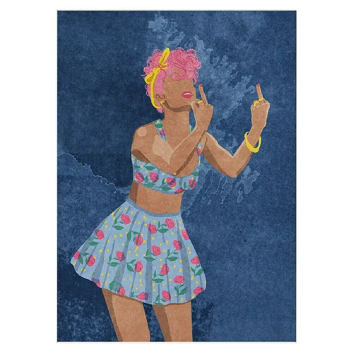 Papermoon Poster - Not Your Girl, B x H: 50 x 70 cm, Mit Passepartout - Abbildung einer Frau mit pinkem Haar, gelbem Haarband und geblümtem Zweiteiler, die den Mittelfinger zeigt.