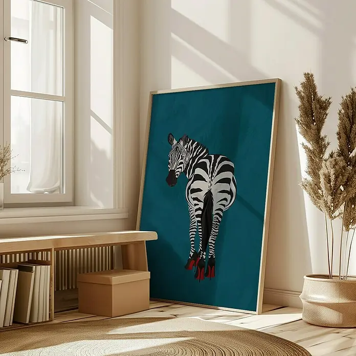 Papermoon Bild - Zebra Heels, B x H: 100 x 140 cm, Ohne Passepartout, Rahmen Eiche - Gemälde eines Zebras mit roten High Heels vor einem blaugrünen Hintergrund, das eine moderne und stilvolle Note ins Interieur bringt.