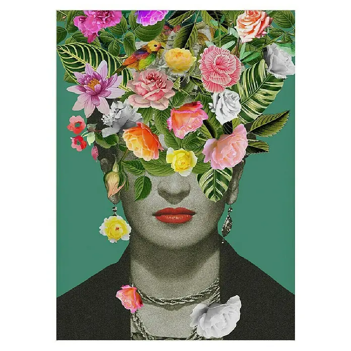 Papermoon Poster - Floral Frida, B x H: 80 x 110 cm, Mit Passepartout - Kunstwerk mit Frida Kahlo-Motiv, geschmückt mit Blumen und Blättern, ideal als Wanddekoration für Wohnräume.